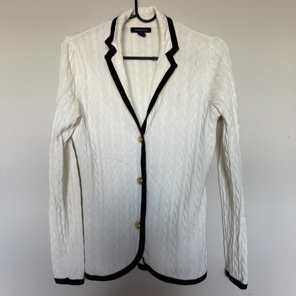 Lands End Womens Sweater Small White Contrast Trim Schoolgirl Coastal Preppy